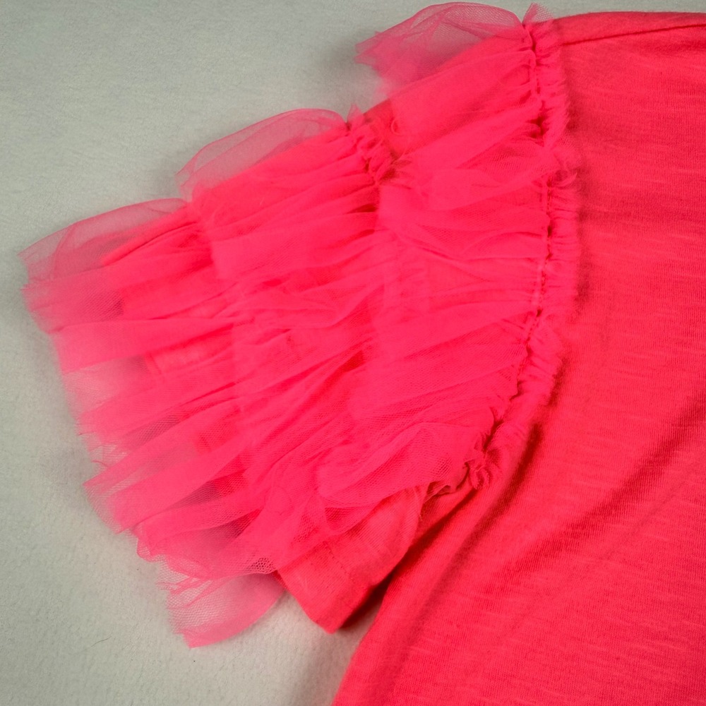 BIBI Tulle Ruffle Sleeve Top Large Neon Pink Barbiecore Y2K Statement Tee - Picture 4 of 7
